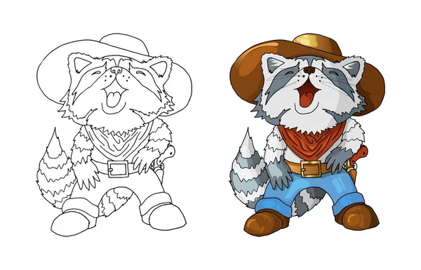 Único personagem de desenho animado cowboy americano rindo guaxinim isolado coloração —  Vetores de Stock