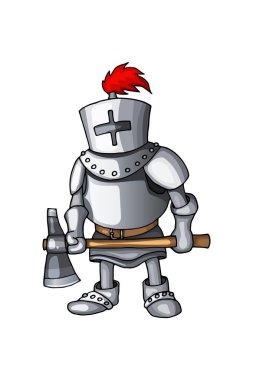 Çizgi Film Knight tam vücut zırh uygun balta karakter renkli vektör ile ayakta