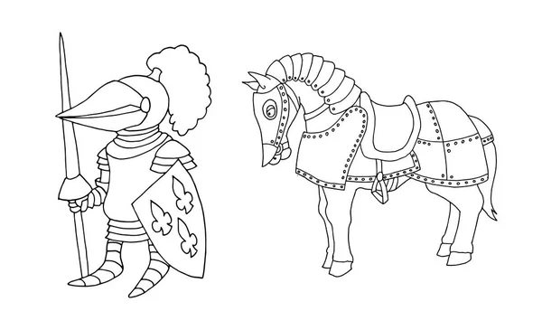 Раскраска страницы мультфильма о средневековом рыцаре, притворяющемся рыцарем игрушки — стоковый вектор
