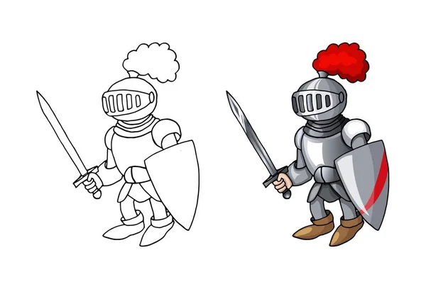Cartoon middeleeuwse ridder met schild en zwaard, geïsoleerd op witte achtergrond — Stockvector