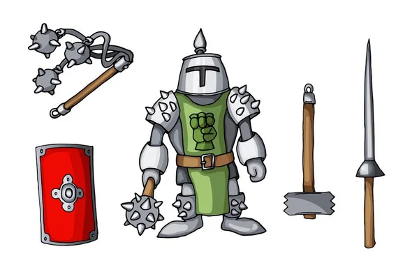 Cavaleiros autocolantes desenhados à mão armas doodle coloridas conjunto isolado no branco —  Vetores de Stock