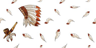 Beyaz arka plan üzerinde Warbonnet. Kaba festival tüyler seamless modeli