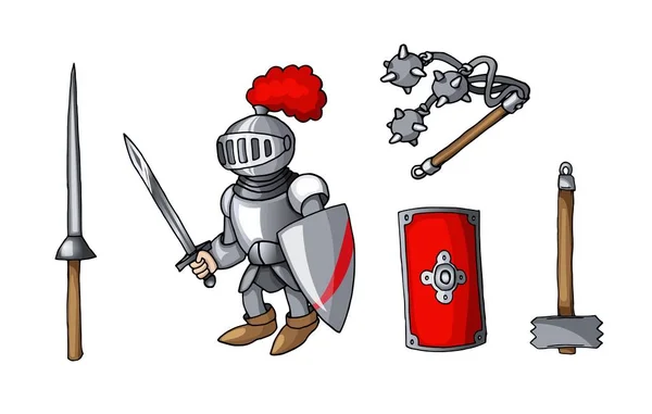 Hand getekende sticker knights gekleurde doodle wapens set geïsoleerd op wit — Stockvector