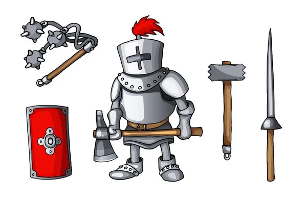 Hand getekende sticker knights gekleurde doodle wapens set geïsoleerd op wit — Stockvector