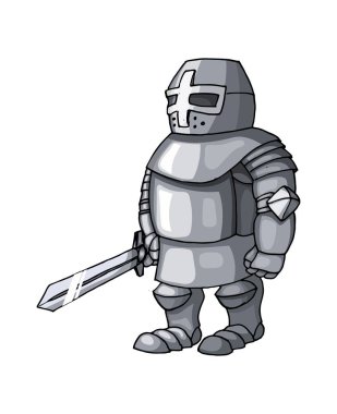 Çizgi film soğuk çelik Ortaçağ knight beyaz arka plan üzerinde izole geniş kılıç ile