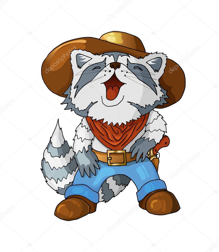 Cartoon colored character american cowboy laughing raccoon isolated on white