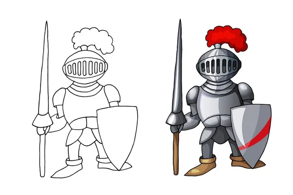 Dessin animé chevalier médiéval avec bouclier et lance, isolé sur fond blanc — Image vectorielle