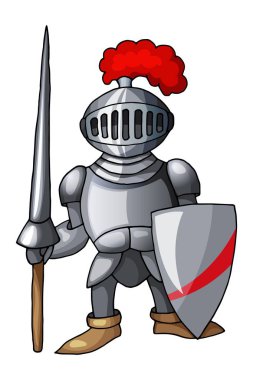Çizgi film Ortaçağ knight ile kalkan ve mızrağın, beyaz arka plan üzerinde izole