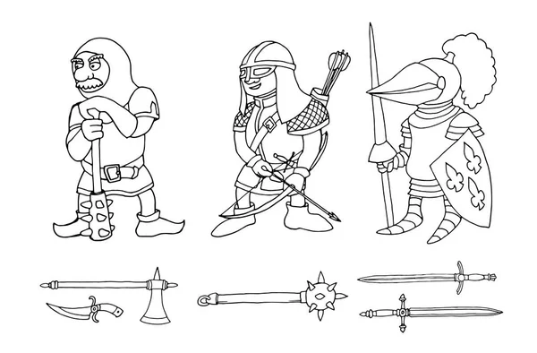 Coloring page of cartoon three medieval knights prepering for Knight Tournament — Stock Vector