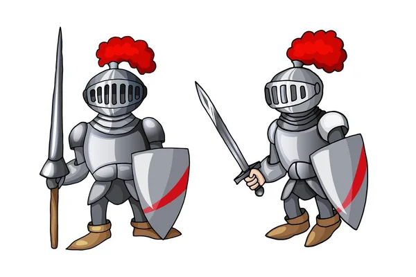 Cartoon middeleeuwse ridder met schild en zwaard, geïsoleerd op witte achtergrond — Stockvector