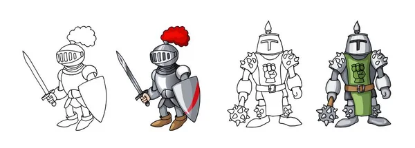 Dessin animé chevaliers armés confiants médiévaux, isolés sur des colorants de fond blanc — Image vectorielle
