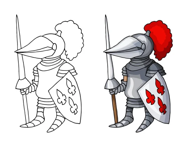 Caballero medieval de dibujos animados con escudo y lanza, aislado sobre fondo blanco — Vector de stock