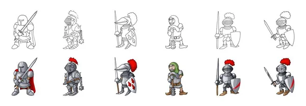 Conjunto de personagens cavaleiros medievais desenho animado estilo ilustração vetorial —  Vetores de Stock