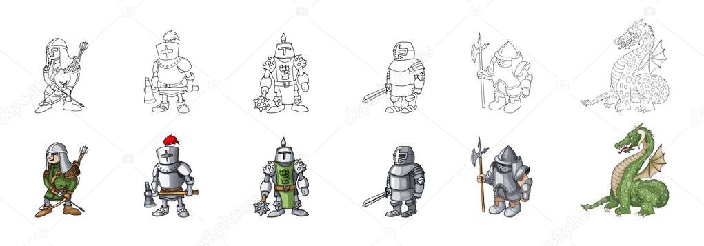 Set of medieval knight characters cartoon style vector illustration