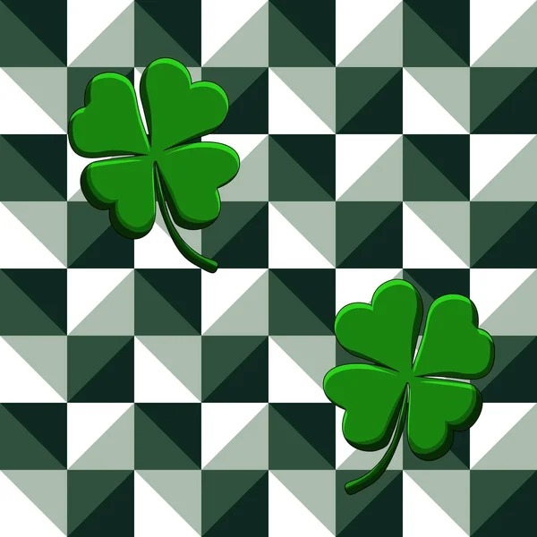 Illustration vectorielle motif sans couture trèfles verts sur fond géométrique — Image vectorielle