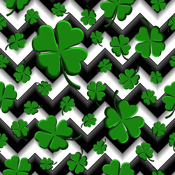 Green clovers with four leaves. St Patricks Day geometry seamless pattern — Stock Vector