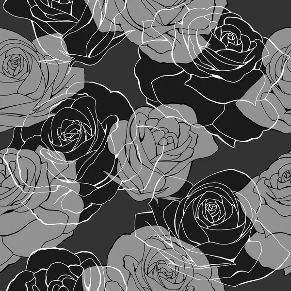 Monocromo rosa ramos de flores contorno elementos patrón sin costuras en gris — Archivo Imágenes Vectoriales