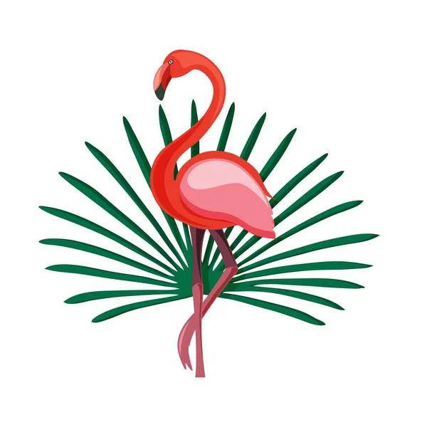 Exotische platte zomer print met flamingo en tropische bladeren geïsoleerd op wit — Stockvector