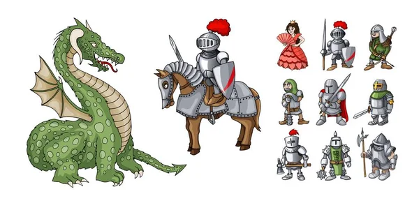 Contos de fadas personagens de desenhos animados. Cavaleiro e dragão de fantasia, princesa e cavaleiros —  Vetores de Stock