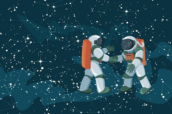 Cartoon astronautas reunião e aperto de mão no espaço colorido fundo —  Vetores de Stock