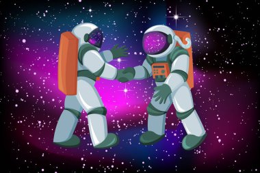 İki toplantı astronotlar ve karşılıklı üstünde yer pürüzsüz gece gökyüzü arka plan kızdırma