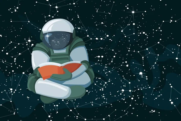 Cartoon Astronauta flutuante lendo um livro sobre o espaço coloed fundo —  Vetores de Stock