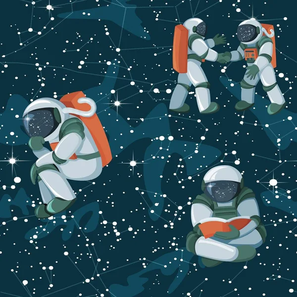 Lindo cosmonauta astronauta divertido astronauta personajes explorar el patrón del espacio exterior — Vector de stock