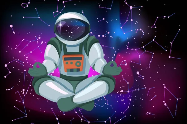 Astronauta sentado na posição de lótus, meditando, relaxando flutuando no espaço —  Vetores de Stock