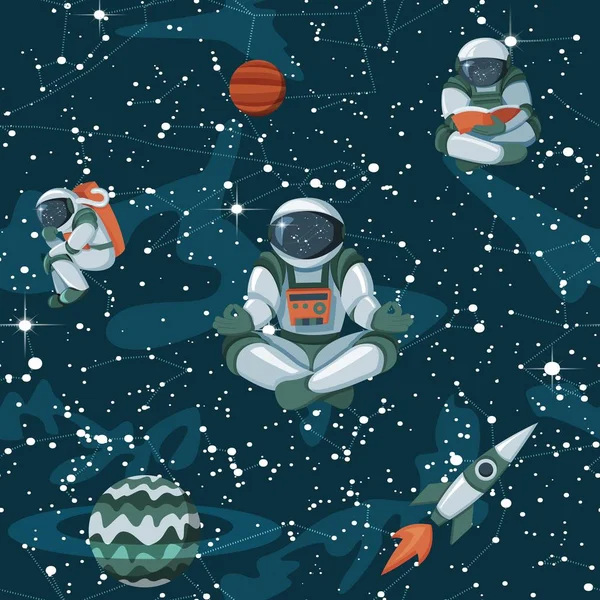 Spazio comico con stelle, astronauti divertenti e astronavi modello senza soluzione di continuità — Vettoriale Stock