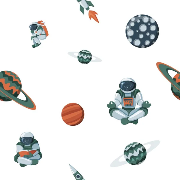 Espaço infantil com planetas e naves espaciais. Padrão de ciência cosmos desenhos animados plana —  Vetores de Stock