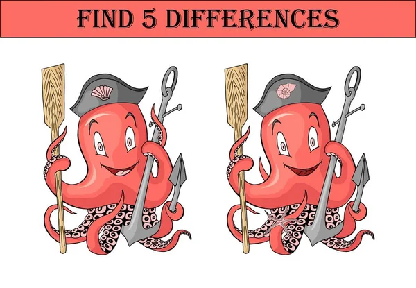 Find five differences. Anchor with octopus cartoon colored character isolated — Stock Vector