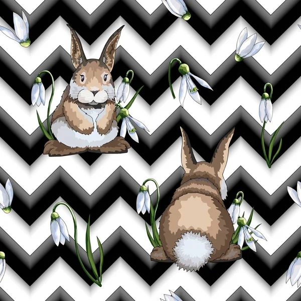 Disegnato a mano modello Pasqua senza cuciture con lepri o conigli su sfondo zigzag — Vettoriale Stock