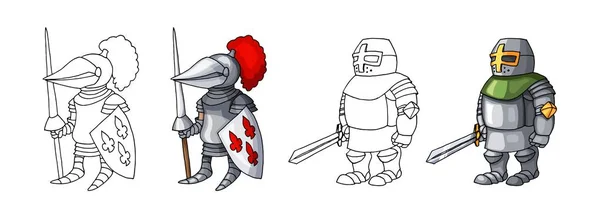 Desenhos animados cavaleiros armados confiantes medievais, isolados em colorações de fundo branco —  Vetores de Stock