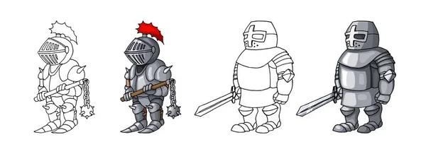 Мультфильм средневековые уверенные вооруженные рыцари, изолированные на белом фоне раскраски — стоковый вектор