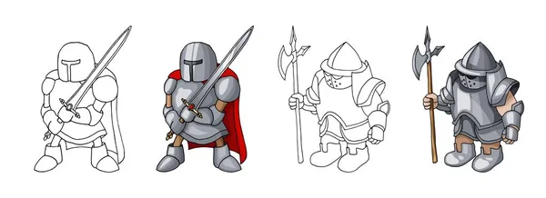 Caballeros armados de confianza medieval de dibujos animados, aislados en colores de fondo blanco — Vector de stock