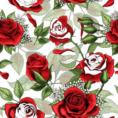 Güzel beyaz anahat ve colered kırmızı gül sorunsuz arka plan desen