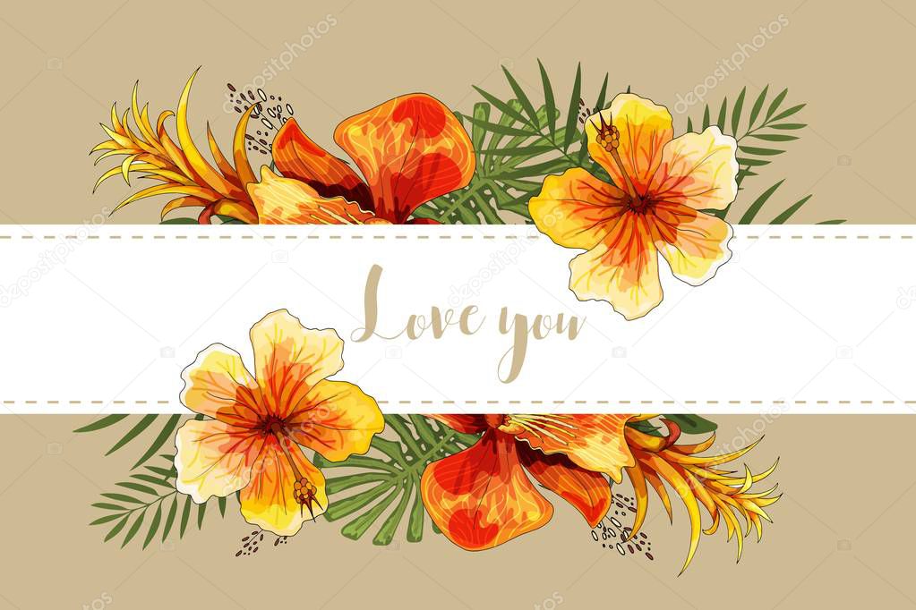 Wedding invitation card tropical floral orchid bouquet and lettering