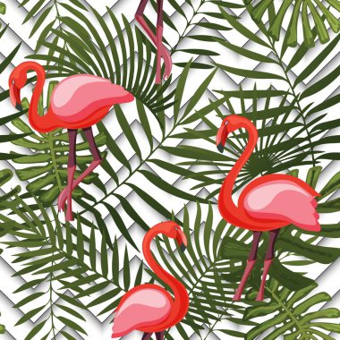 Geometri tropikal modern seamless modeli pembe flamingolar ve palmiye yaprakları