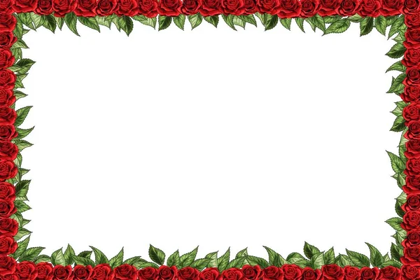 Eleganti rose rosse e foglie verdi bouquet floreale vettore cornice di design — Vettoriale Stock
