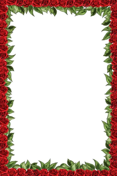 Eleganti rose rosse e foglie verdi bouquet floreale vettore cornice di design — Vettoriale Stock