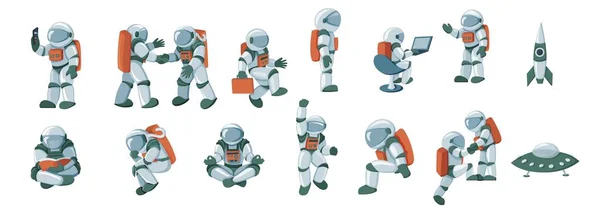 Cartoon spaceman, kosmonaut, ruimtepak vector set geïsoleerd op witte achtergrond — Stockvector