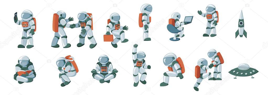 Cartoon spaceman, cosmonaut, spacesuit vector set isolated on white background