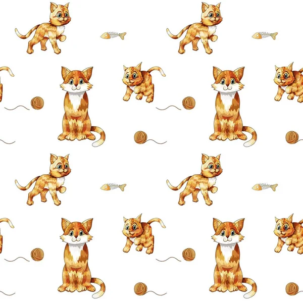 Bambini modello senza soluzione di continuità con carino seduto gatti colorati. Doodle gattini arancioni — Vettoriale Stock
