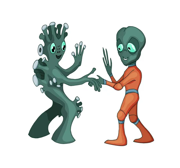 Cartoon Alien spotkanie i Handshake w kosmosie na białym tle — Wektor stockowy