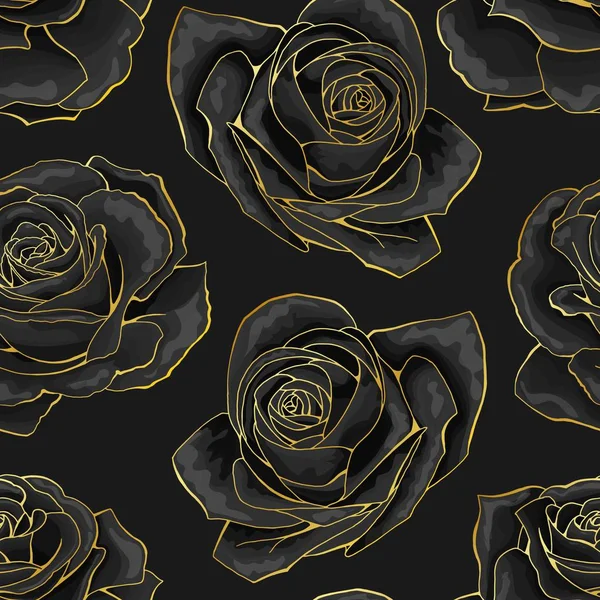 Patrón sin costura vectorial. Esquema dorado rosa flores sobre fondo negro — Archivo Imágenes Vectoriales