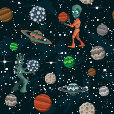 Karikatür gezegenler ile Dikişsiz uzay deseni, çocukça vektör uzay illüstrasyon