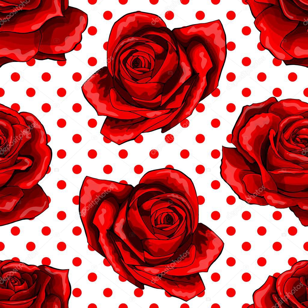 Seamless pattern, background with red roses, isolated on polka dots background