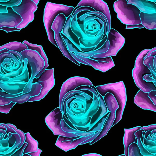 Patrón sin costura vectorial con misterioso fondo de rosas brillantes de neón — Vector de stock