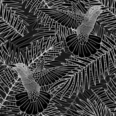 Dikişsiz desen, tropikal bitkiler palmiye yaprakları ve Colibri kuşlar ile arka plan