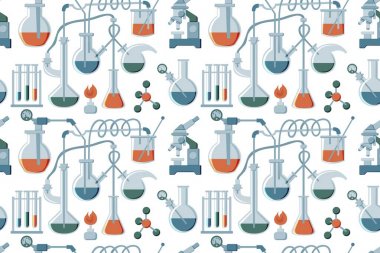 Karikatür el çizilmiş Bilim dikişsiz desen. Renkli düz arka plan